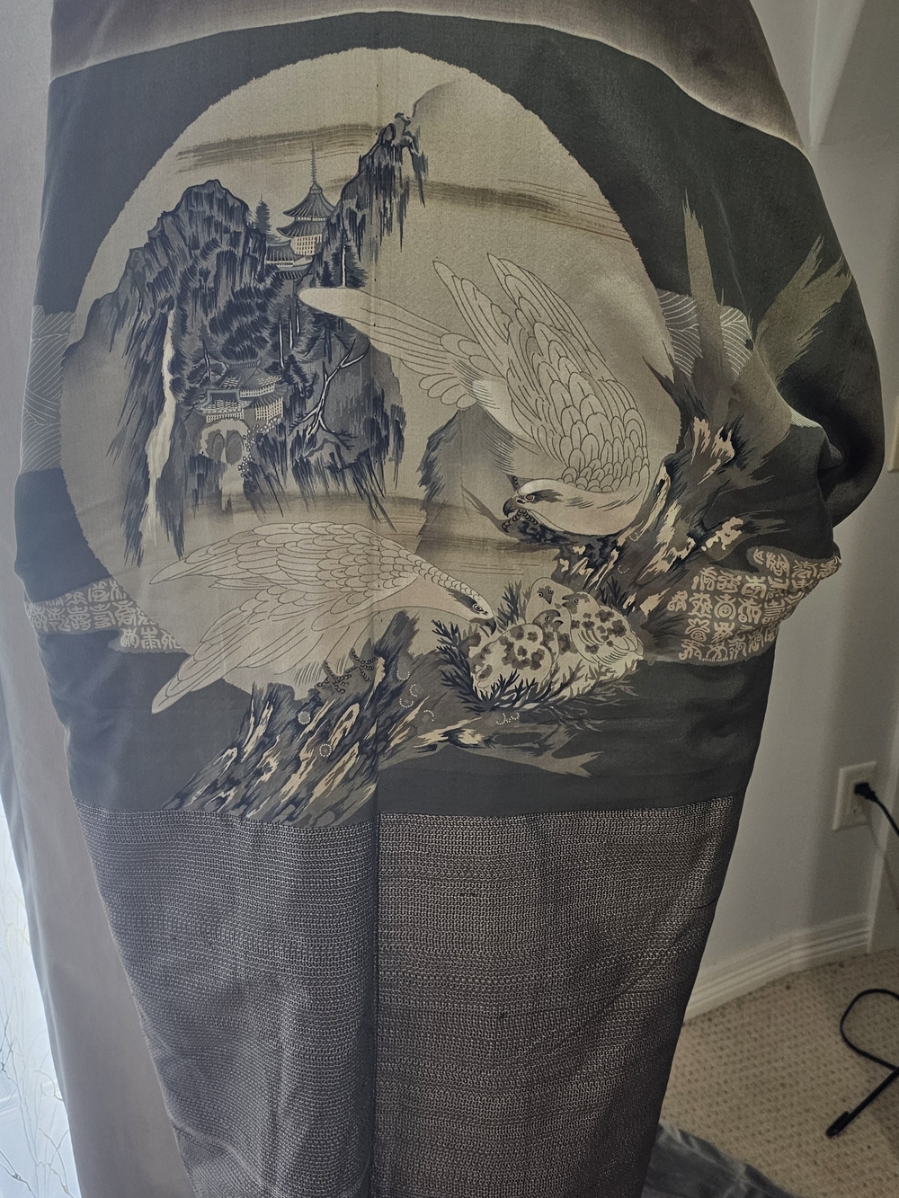 Vintage Japanese-Juban Kimono Robe with Crane and Landscape Motif - Blue Gray